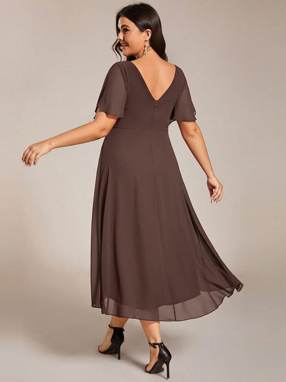 Chiffon hoch und tiefes Kleid für Hochzeitsgäste mit V-Ausschnitt und kurzen Ärmeln 160