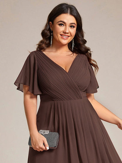 Chiffon hoch und tiefes Kleid für Hochzeitsgäste mit V-Ausschnitt und kurzen Ärmeln 161