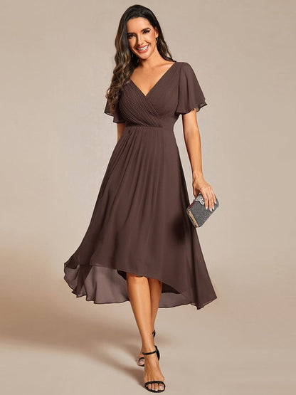 Chiffon hoch und tiefes Kleid für Hochzeitsgäste mit V-Ausschnitt und kurzen Ärmeln 156