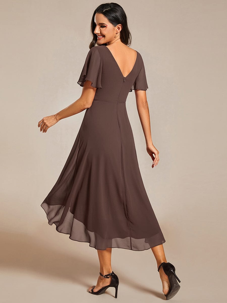 Chiffon hoch und tiefes Kleid für Hochzeitsgäste mit V-Ausschnitt und kurzen Ärmeln 157