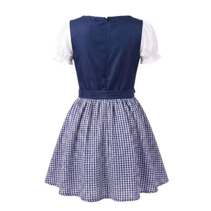Rückseite des blauen Dirndls mit Reißverschluss im Oberteil, Taillenband und blau-weiß kariertem Rock. 6