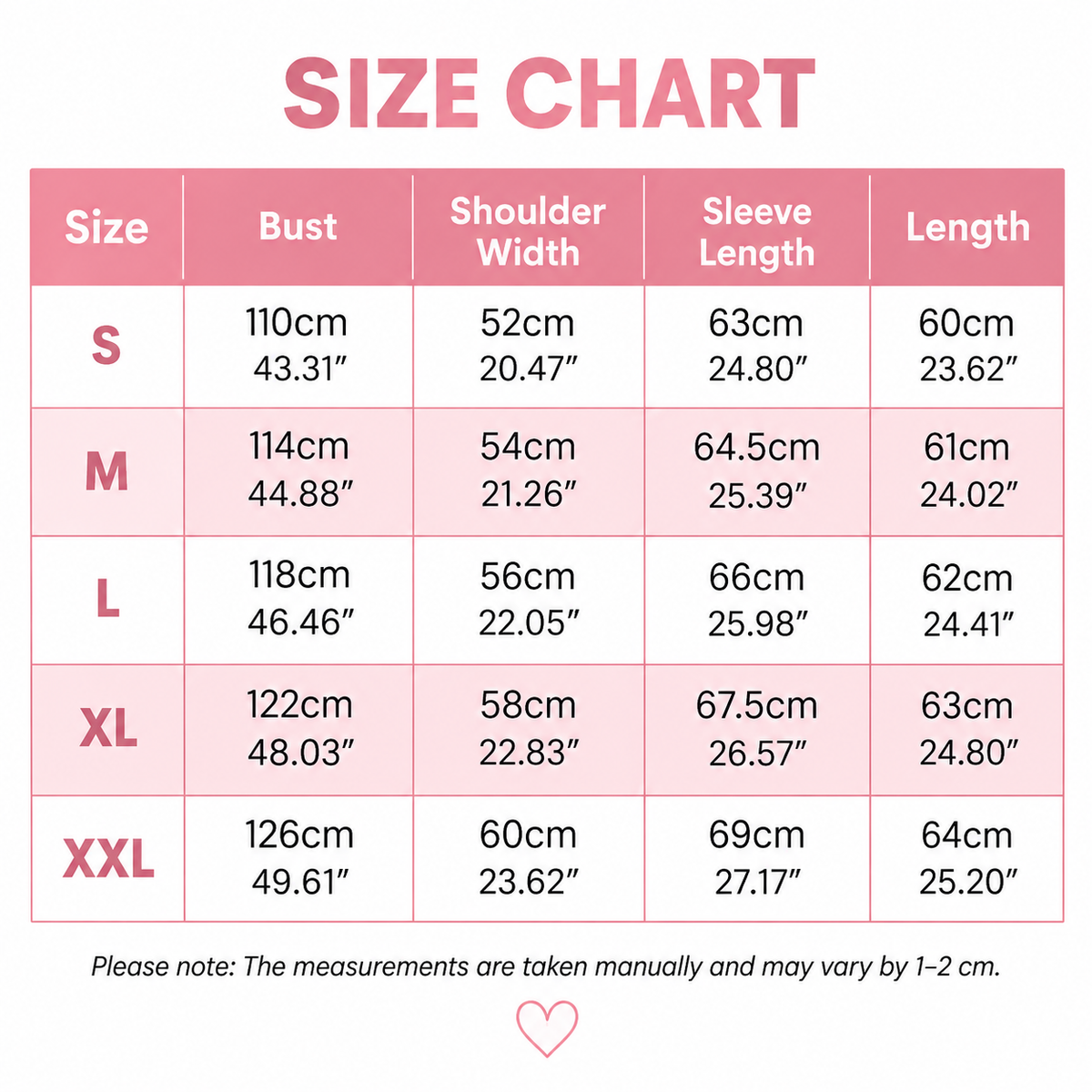 Größentabelle in Rosa mit Brustumfang, Schulterbreite, Ärmellänge und Länge für die Größen S bis XXL in Zentimetern und Zoll. 9
