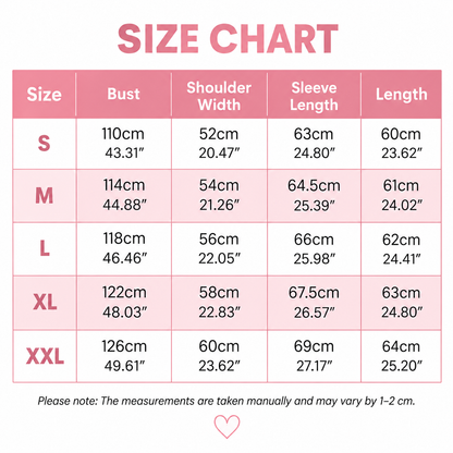 Größentabelle in Rosa mit Brustumfang, Schulterbreite, Ärmellänge und Länge für die Größen S bis XXL in Zentimetern und Zoll. 9