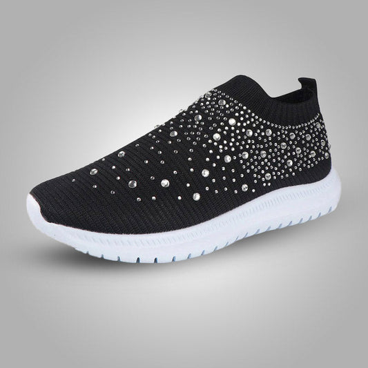Schwarzer Damen-Sneaker mit Strasssteinen, atmungsaktiv, rutschfeste Sohle, modisch.