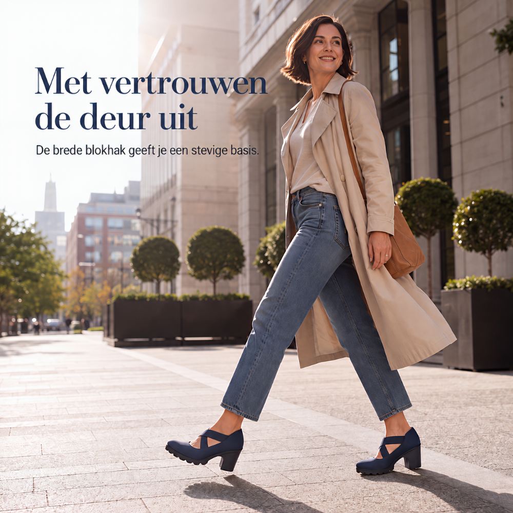 Lächelnde Frau in Trenchcoat und Jeans geht eine Stadtstraße entlang und trägt dunkelblaue Pumps mit Blockabsatz und gekreuzten Riemen. 3