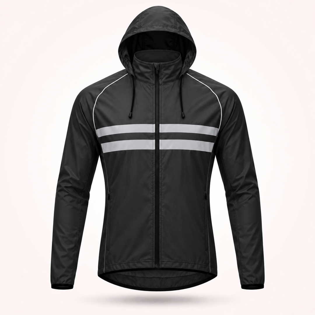 Schwarze Jacke mit Kapuze und Kordelzug von vorn, mit Reflexstreifen auf der Brust und seitlichen Reißverschlusstaschen. 17