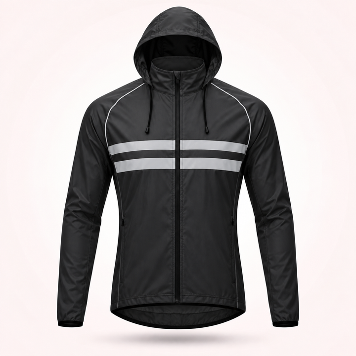 Schwarze Jacke mit Kapuze und Kordelzug von vorn, mit Reflexstreifen auf der Brust und seitlichen Reißverschlusstaschen. 17