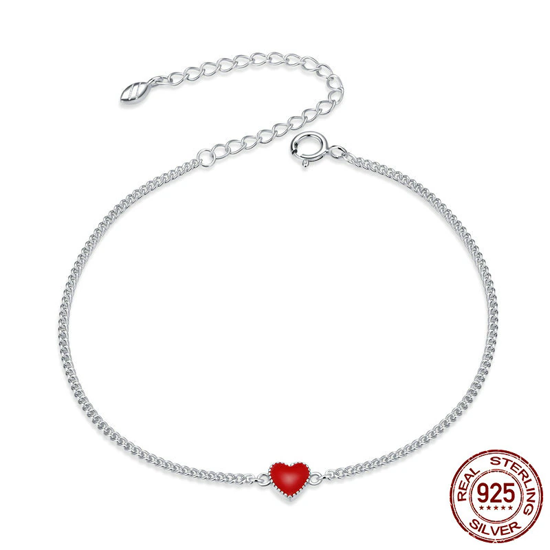 Silberarmband mit rotem Herzanhänger, verstellbar, 925 Sterling Silber, Damen-Schmuck.