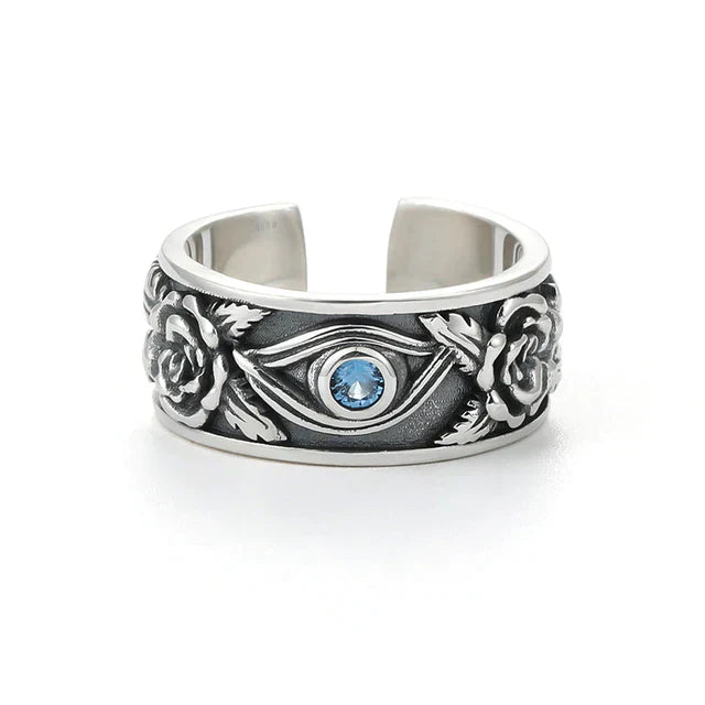 Silberring mit Rosenmotiv und blauem Edelstein, verstellbar, Schmuck für Damen und Herren.