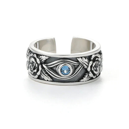 Silberring mit Rosenmotiv und blauem Edelstein, verstellbar, Schmuck für Damen und Herren.