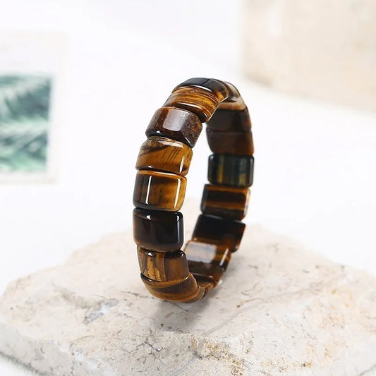 Tigerauge-Armband, braun, polierte Steine, elastisch, Schmuck für Damen und Herren.