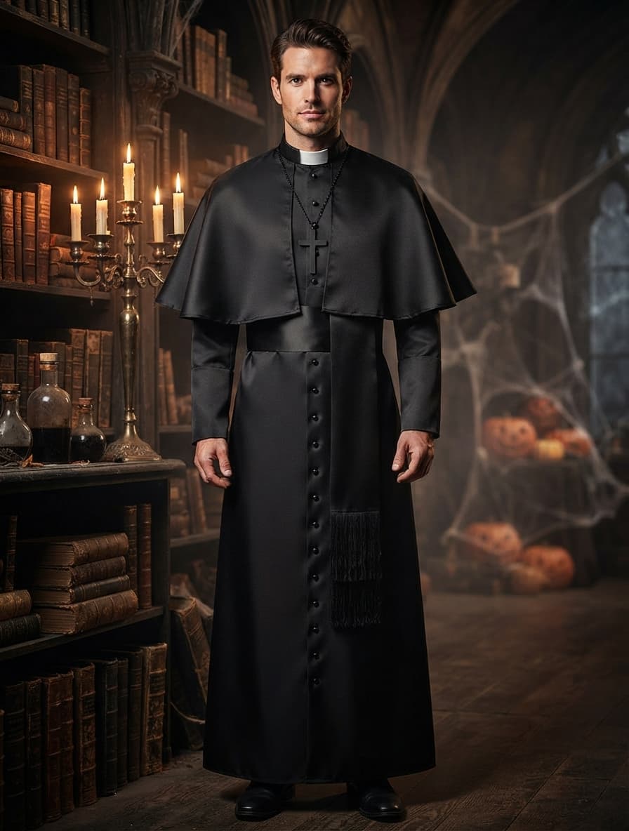 Mann im schwarzen Priesterkostüm mit Umhang und Kreuzkette vor Bücherregalen, Kerzen und Halloween-Kürbissen 1