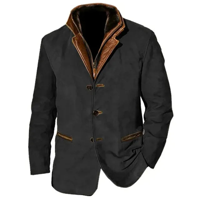Frontansicht der Jacke in Schwarz, die braunen Kontrastdetails an Kragen und Taschenpaspeln heben sich deutlich vom dunklen Material ab. 5