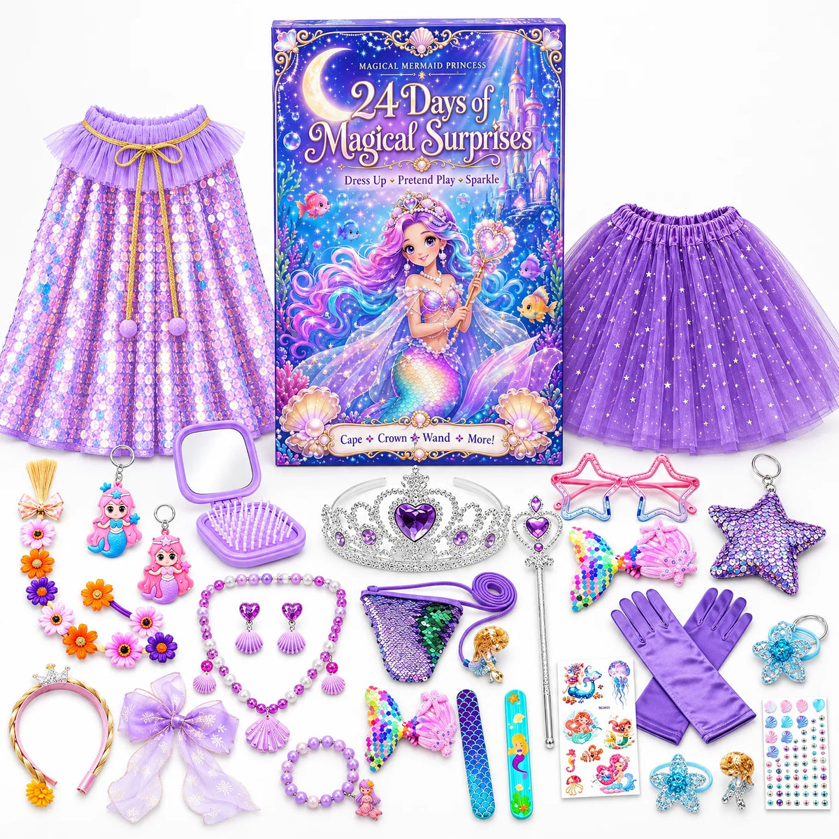 Lila Adventskalender-Schachtel mit allem Inhalt: Pailletten-Umhang, Tutu, Diadem, Zauberstab, Handschuhe, Schmuck und 2
