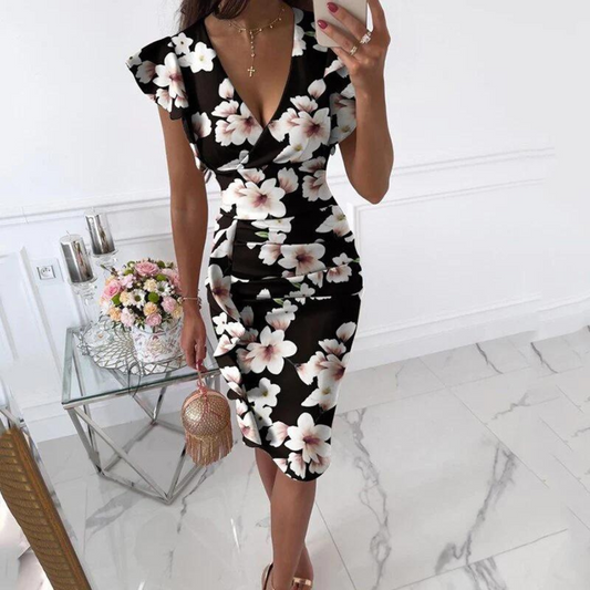 Sommer-Midi-Kleid mit V-Ausschnitt und figurbetonter Passform – Livia