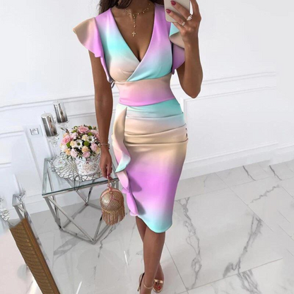 Sommer-Midi-Kleid mit V-Ausschnitt und figurbetonter Passform – Livia