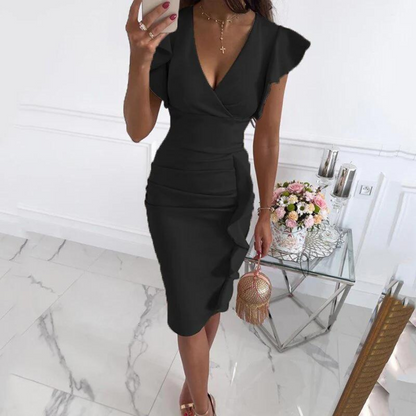 Sommer-Midi-Kleid mit V-Ausschnitt und figurbetonter Passform – Livia