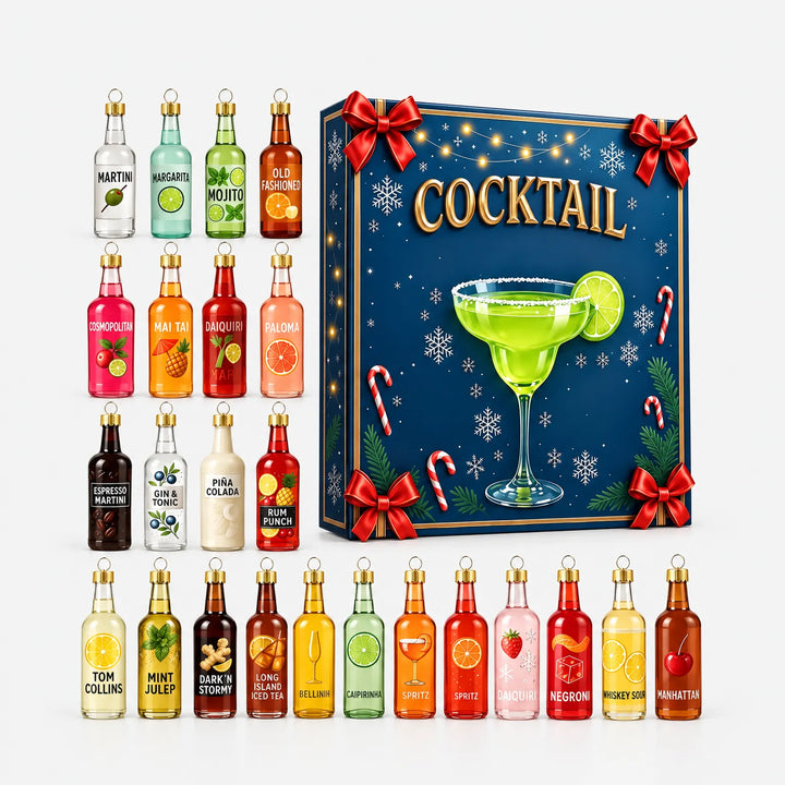 Die gesamte Kollektion der Flaschenanhänger in Reihen neben der blauen weihnachtlichen Geschenkverpackung mit Schleifen, Zuckerstangen und Cocktailglas, leicht 4