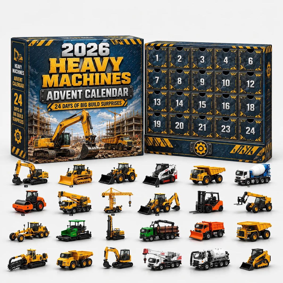 Blau-gelber Adventskalender mit Schwermaschinen-Motiv und Schubladenfront, davor Bagger, Planierraupe, Kräne, Walze, Gabelstapler und Muldenkipper als Modelle. 10