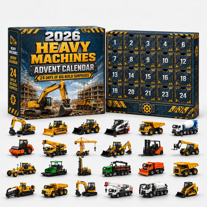 Blau-gelber Adventskalender mit Schwermaschinen-Motiv und Schubladenfront, davor Bagger, Planierraupe, Kräne, Walze, Gabelstapler und Muldenkipper als Modelle. 10