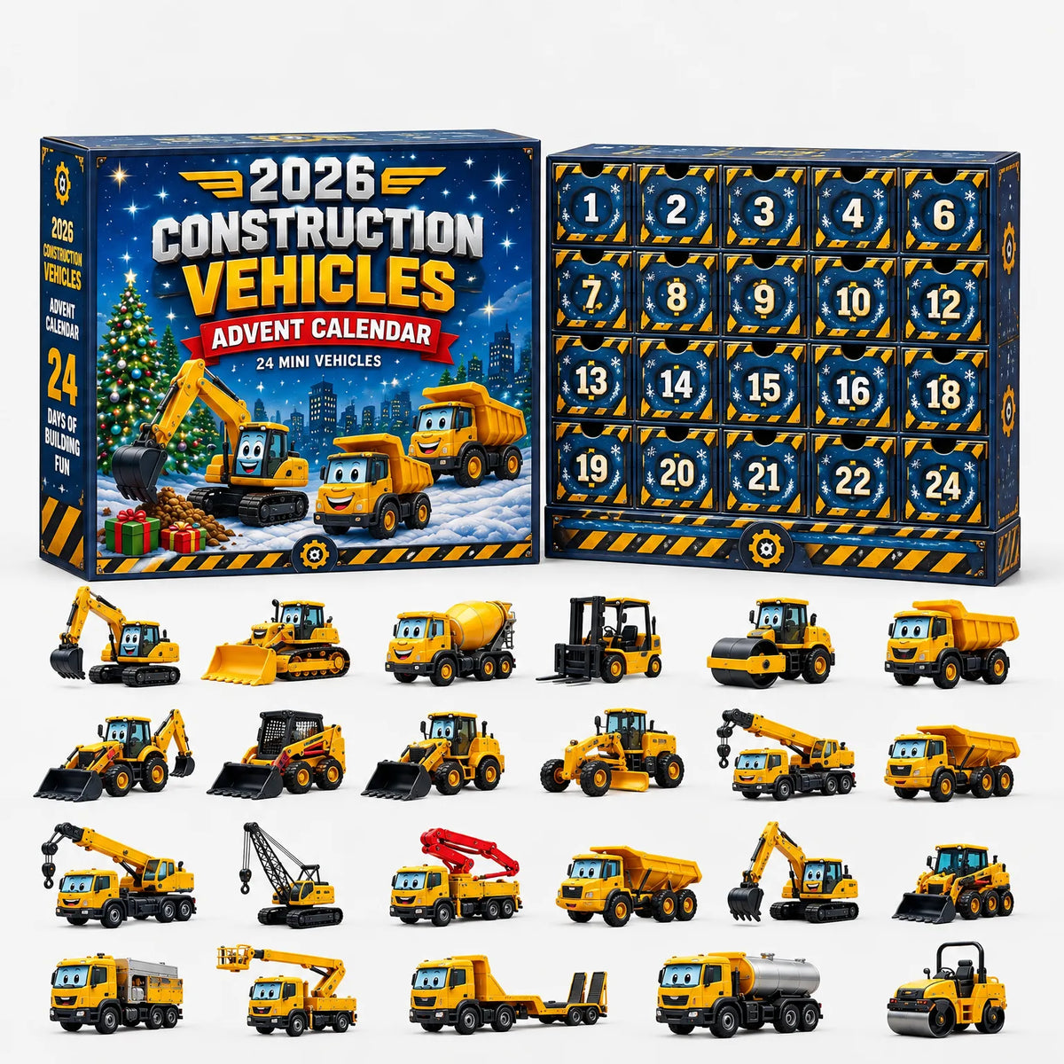 Blauer Adventskalender mit Weihnachtsbaum und lachenden Baufahrzeugen, geöffnete Schubladenfront, davor gelbe Modell-Baufahrzeuge mit aufgemalten Gesichtern. 11