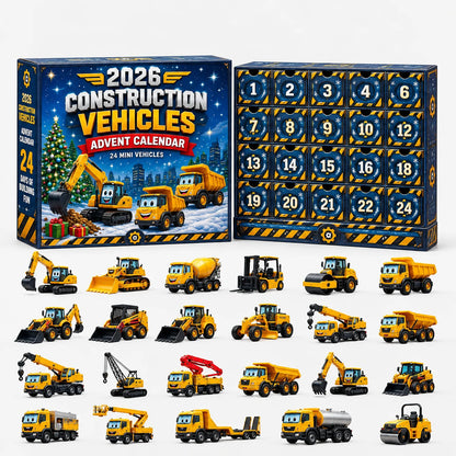 Blauer Adventskalender mit Weihnachtsbaum und lachenden Baufahrzeugen, geöffnete Schubladenfront, davor gelbe Modell-Baufahrzeuge mit aufgemalten Gesichtern. 11