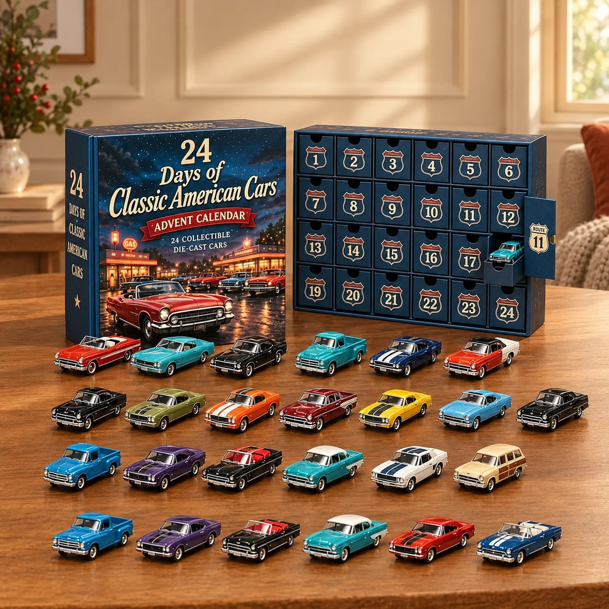 Dunkelblaue Adventskalender-Schachtel mit Oldtimer-Motiv, daneben ein Kalender mit 24 Schubladen und 24 bunte Modellautos auf einem Holztisch. 1