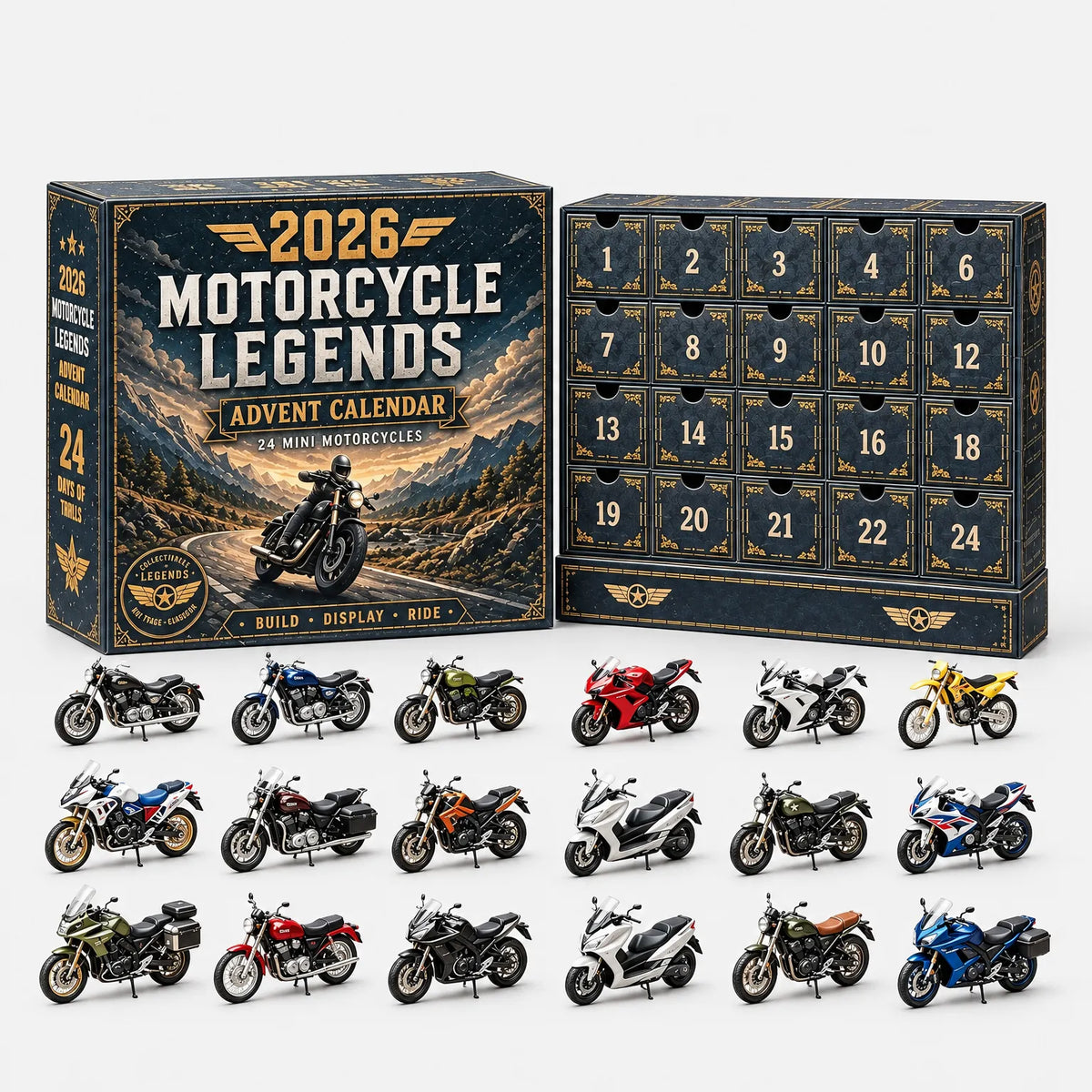 Dunkler Adventskalender mit Motorrad-Motiv samt Schubladenfront und 18 kleinen Modellmotorrädern in verschiedenen Farben und Bauformen davor. 2