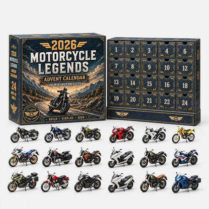 Dunkler Adventskalender mit Motorrad-Motiv samt Schubladenfront und 18 kleinen Modellmotorrädern in verschiedenen Farben und Bauformen davor. 2