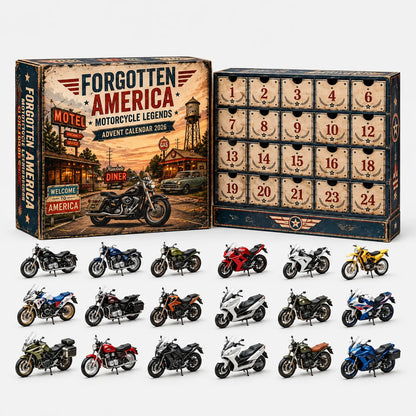 Adventskalender im Retro-Look mit Motel- und Tankstellenmotiv, geöffneter Schubladenfront und 18 Modellmotorrädern in unterschiedlichen Farben. 4