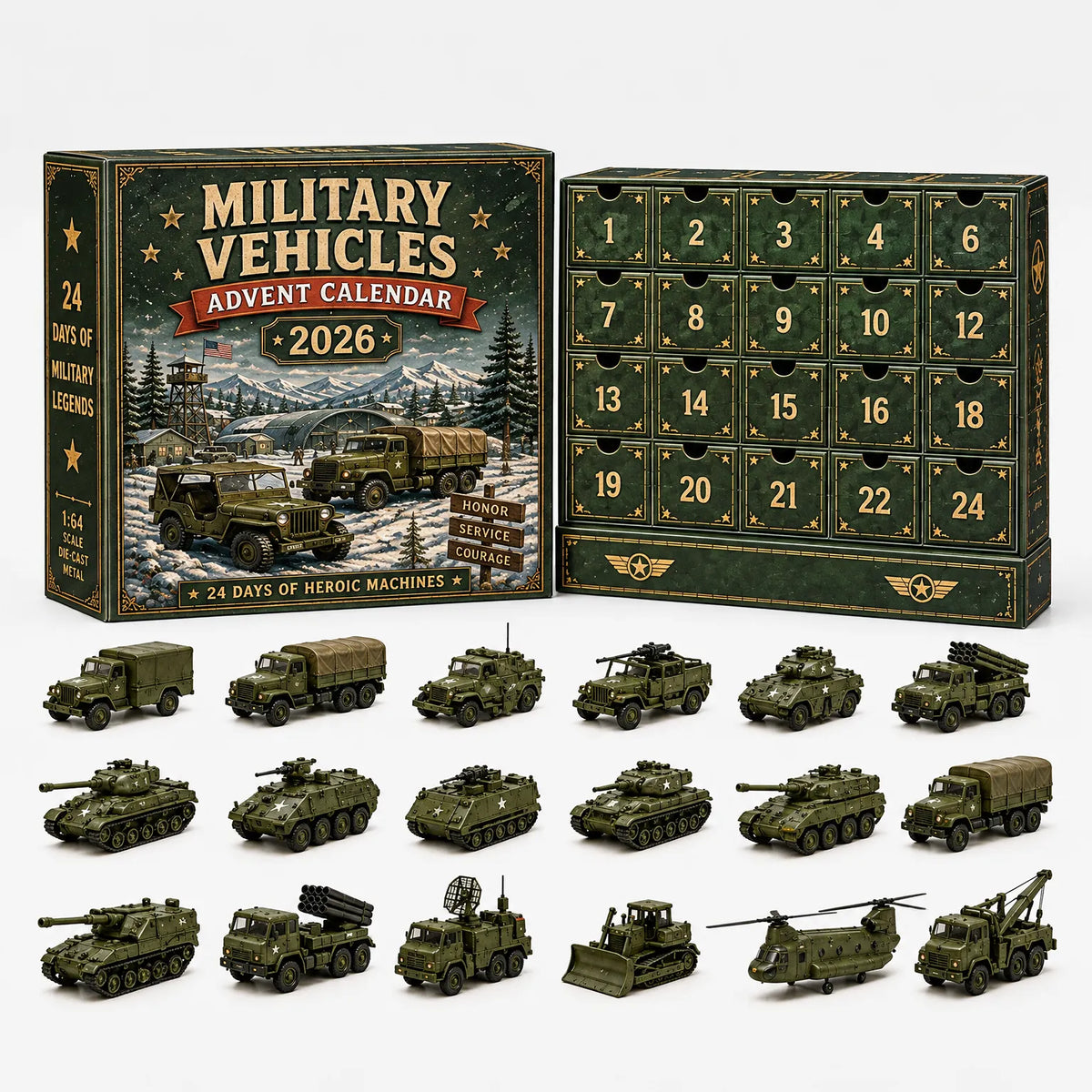 Grüner Adventskalender mit Militärfahrzeug-Motiv und Schubladenfront, davor Panzer, Lastwagen, Geländewagen und ein Hubschrauber in Olivgrün. 5