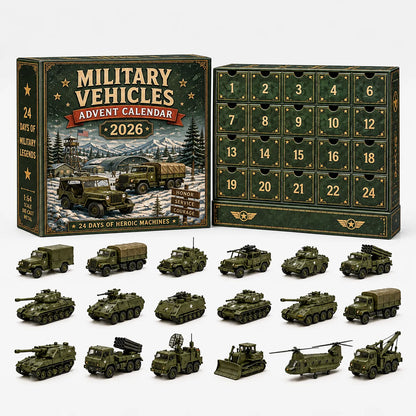 Grüner Adventskalender mit Militärfahrzeug-Motiv und Schubladenfront, davor Panzer, Lastwagen, Geländewagen und ein Hubschrauber in Olivgrün. 5