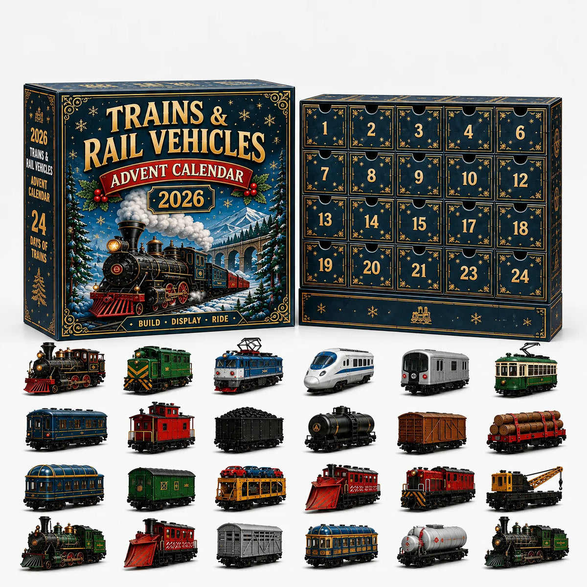 Dunkelblauer Adventskalender mit Eisenbahn-Motiv, 24 Schubladen und Modelllokomotiven, Waggons und Güterwagen in verschiedenen Farben davor. 7
