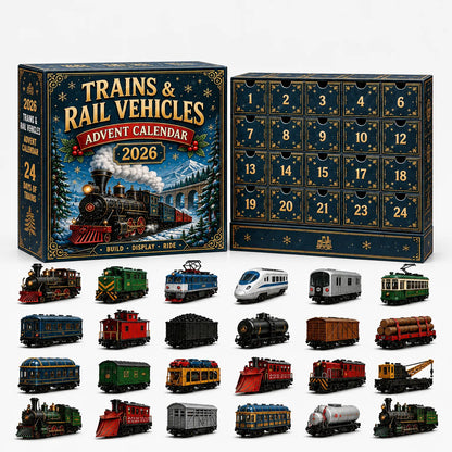 Dunkelblauer Adventskalender mit Eisenbahn-Motiv, 24 Schubladen und Modelllokomotiven, Waggons und Güterwagen in verschiedenen Farben davor. 7