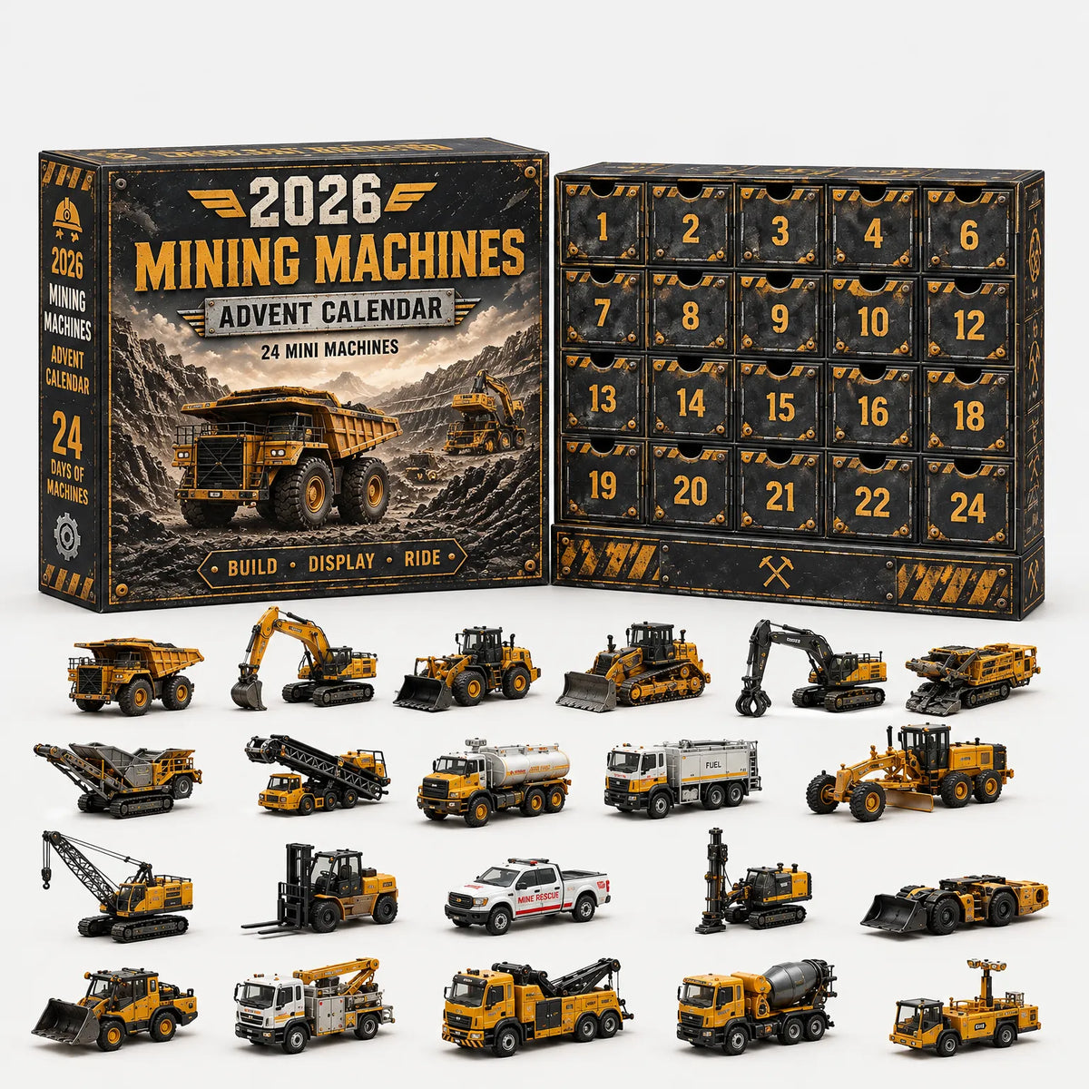 Schwarz-gelber Adventskalender mit Bergbau-Motiv und Schubladenfront, davor gelbe Muldenkipper, Bagger, Radlader, Kran und weitere Arbeitsmaschinen als Modelle. 8