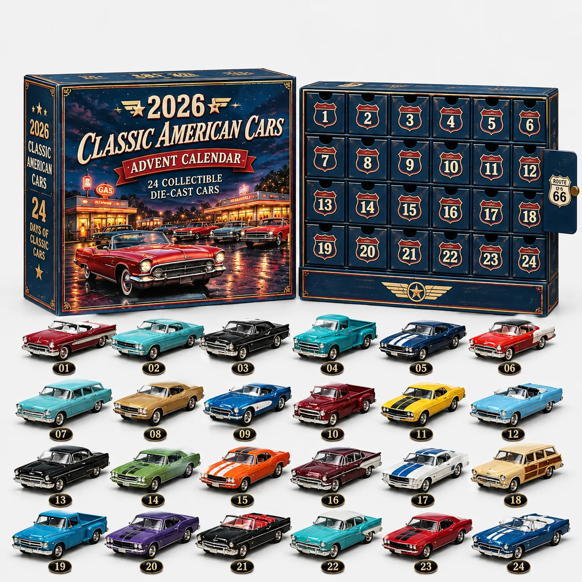 Blauer Adventskalender mit Oldtimer-Motiv und 24 Schubladen, darunter alle 24 Modellautos in Reihen, jeweils mit einer Nummer versehen. 9