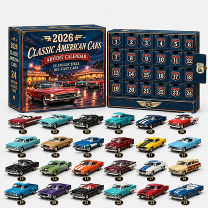 Blauer Adventskalender mit Oldtimer-Motiv und 24 Schubladen, darunter alle 24 Modellautos in Reihen, jeweils mit einer Nummer versehen. 9