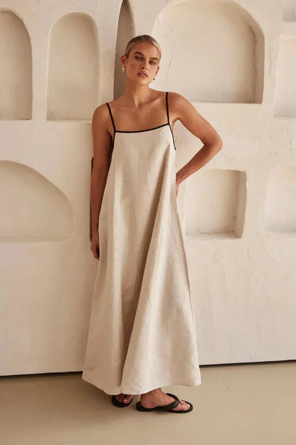 Ärmelloses beiges Boho-Maxikleid in Leinenoptik – Elin