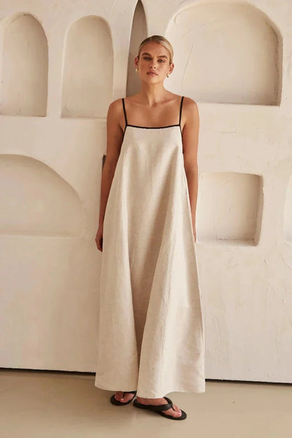 Ärmelloses beiges Boho-Maxikleid in Leinenoptik – Elin