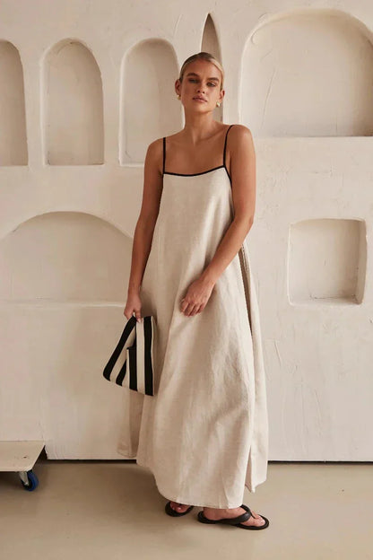 Ärmelloses beiges Boho-Maxikleid in Leinenoptik – Elin