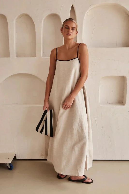 Ärmelloses beiges Boho-Maxikleid in Leinenoptik – Elin