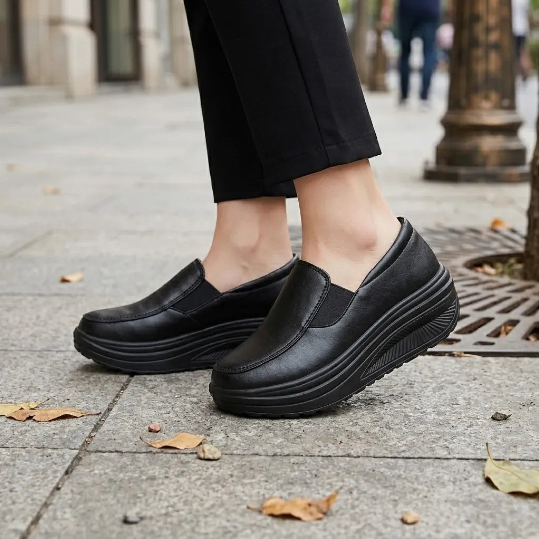 Schwarze Slipper an den Füßen einer Frau mit schwarzer Hose auf einem Gehweg mit Herbstlaub 2