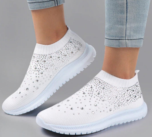 Weiße Damen-Sneaker mit Strass, atmungsaktiv, rutschfest, modisch, bequem.