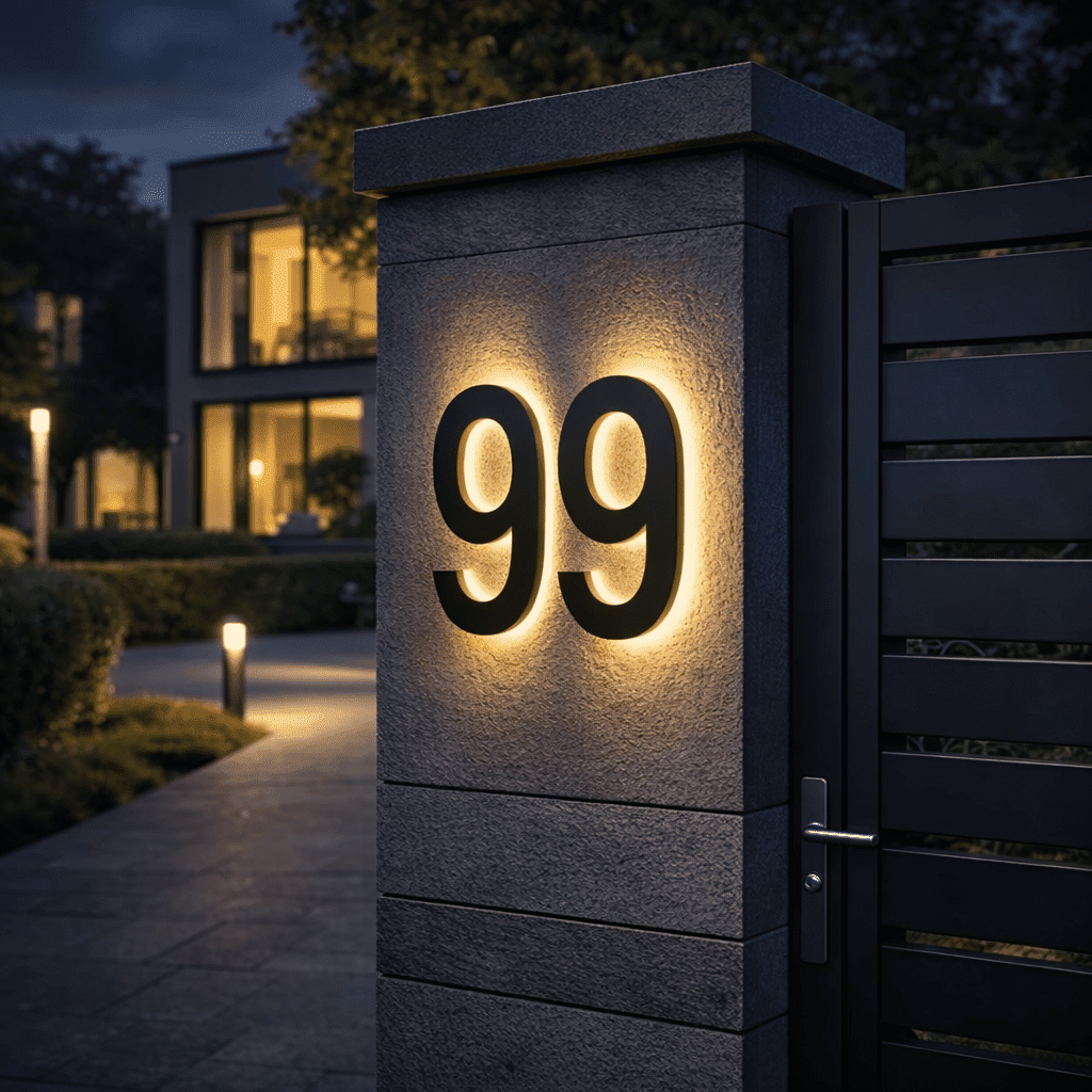 Schwarze, hinterleuchtete Doppelziffer an einem Steinpfeiler am Abend, daneben Lamellentor, beleuchteter Gartenweg und modernes Wohnhaus im Hintergrund. 2