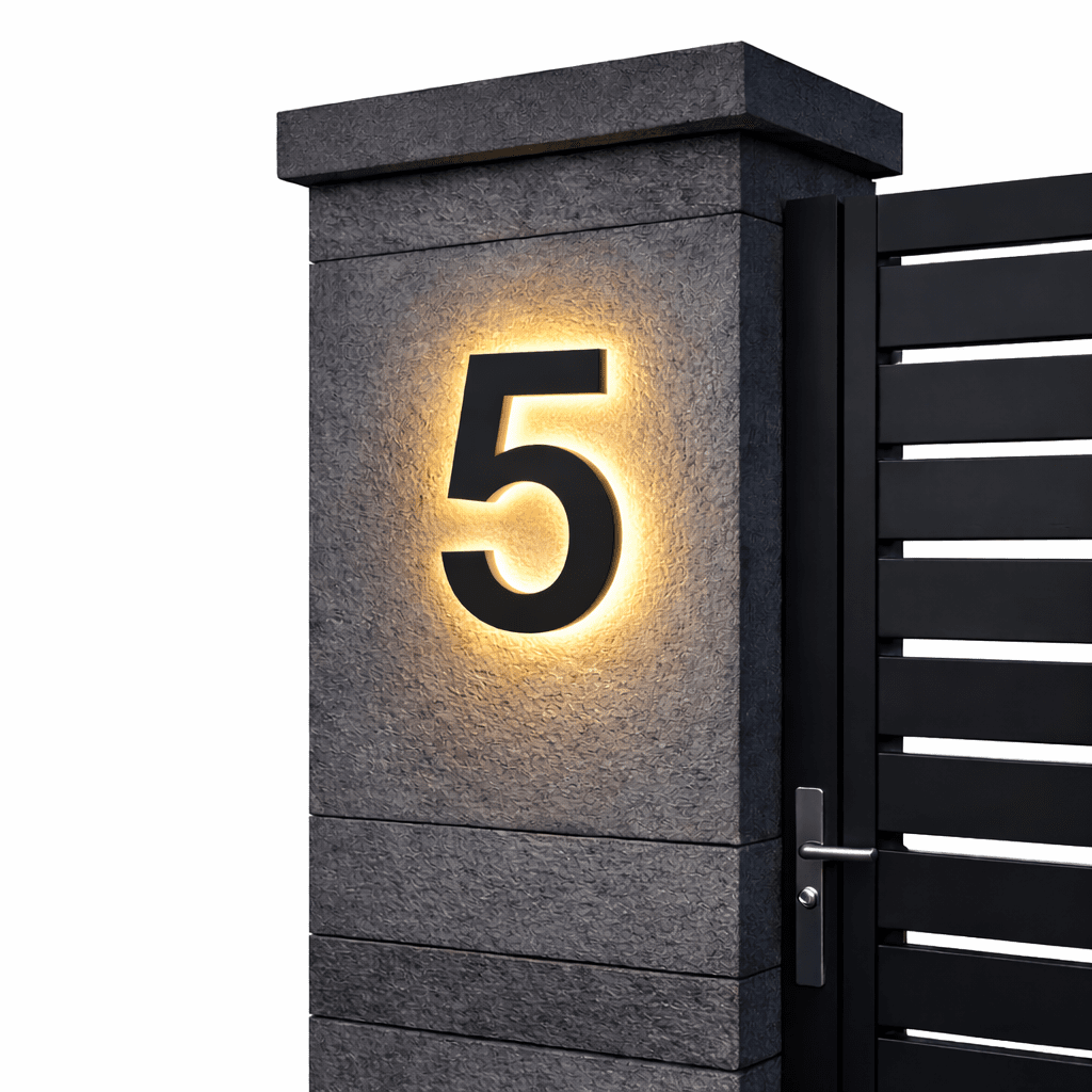 Schwarze Ziffer 5 mit warmem Hintergrundlicht an einem grauen Steinpfeiler vor schwarzem Lamellentor, freigestellt. 8