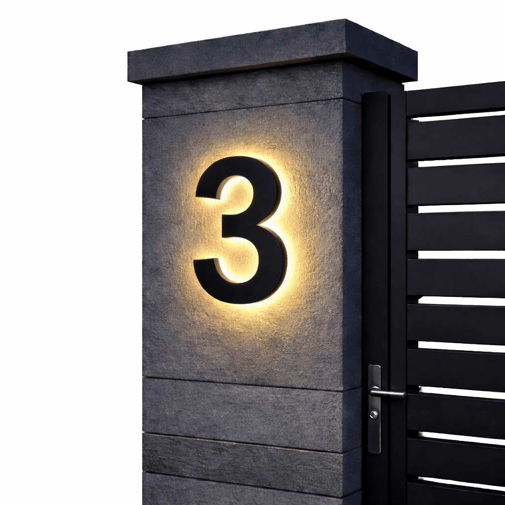 Schwarze Ziffer 3 mit warmem Hintergrundlicht an einem grauen Steinpfeiler vor schwarzem Lamellentor, freigestellt. 9