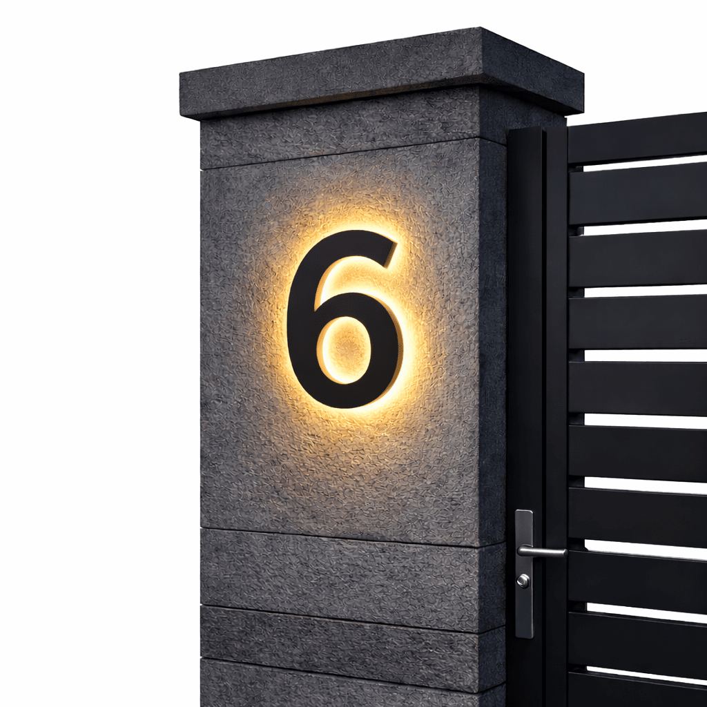 Schwarze Ziffer 6 mit warmem Hintergrundlicht an einem grauen Steinpfeiler vor schwarzem Lamellentor, freigestellt. 12