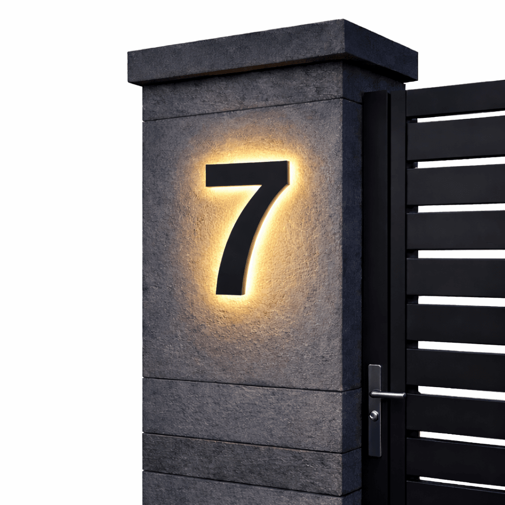 Schwarze Ziffer 7 mit warmem Hintergrundlicht an einem grauen Steinpfeiler vor schwarzem Lamellentor, freigestellt. 13