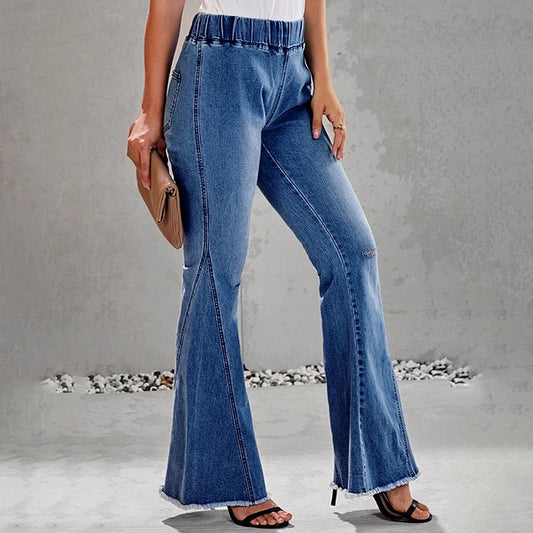 Damen Vintage Schlagjeans, blau, mit Knöpfen, elastischer Bund, modisch, bequem.