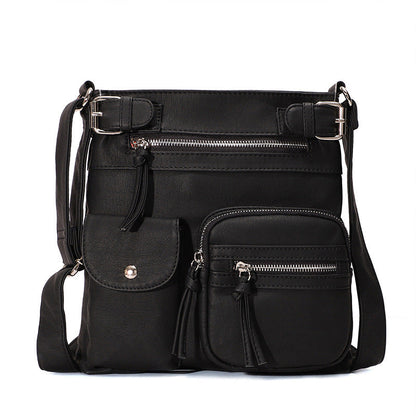 Schwarze multifunktionale Anti-Diebstahl-Tasche, modisch, mit Reißverschlüssen und Taschen.
